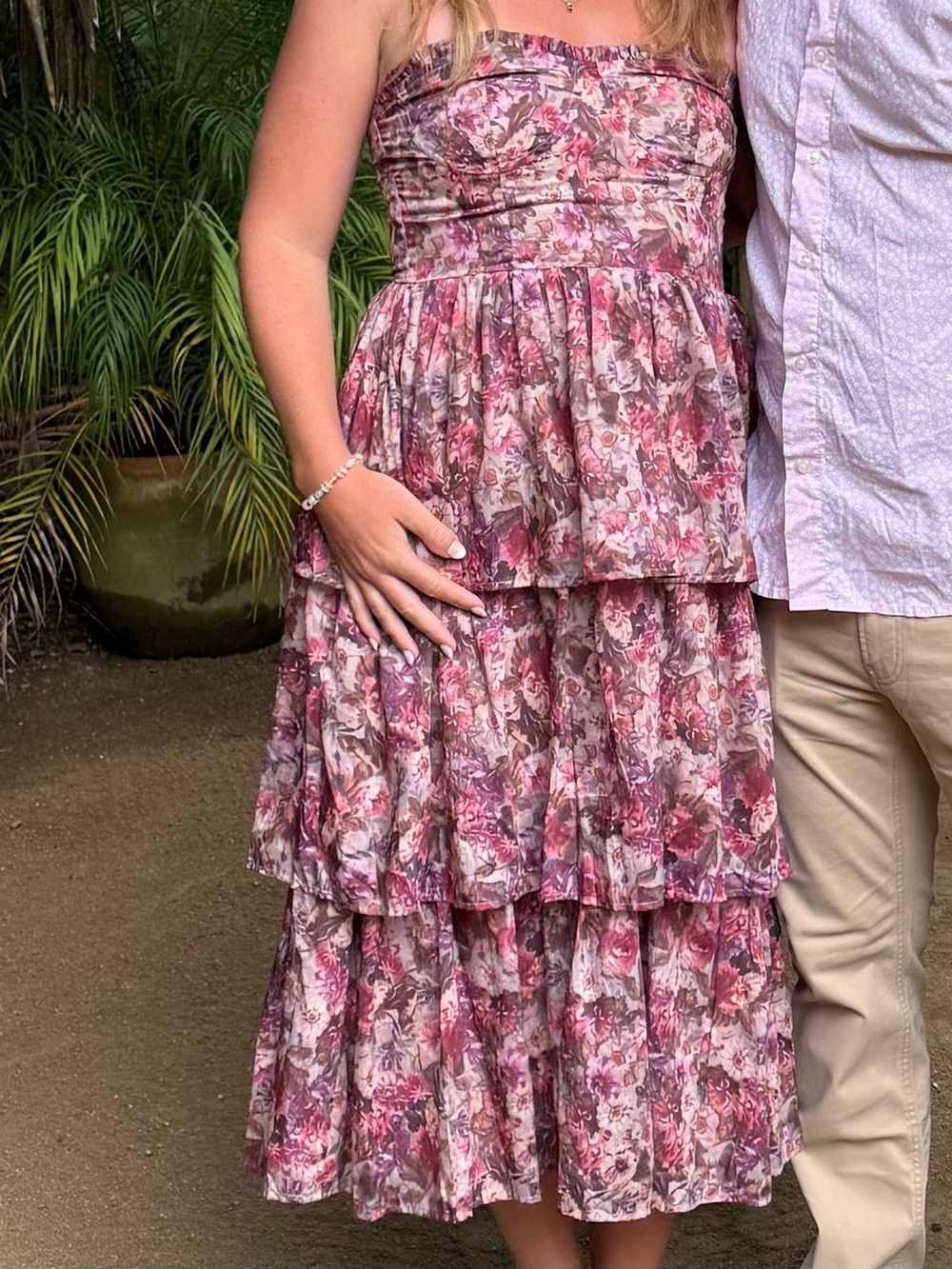 Floral Tiered Strapless Midi Dress in Rose Pink